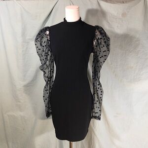 Prom Black Dress with Sheer Polka Dot Mesh Sleeves Size Small